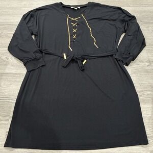 Michael Kors Black Gold Chain Lace Up Shift Belted Dress Plus Size 2X EUC
